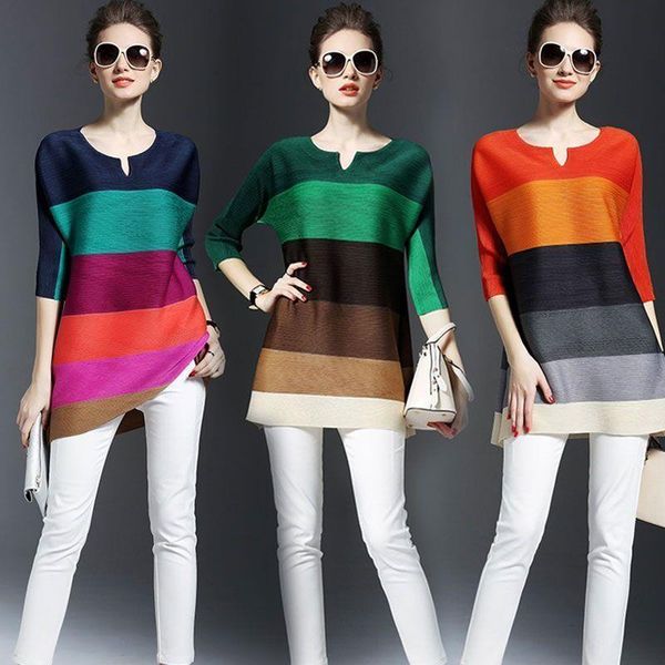 summer pleated clothes elegant striped womens t shirts contrast color loose casual three quarter sleeve pleats for women, White
summer pleated clothes elegant striped womens t shirts contrast color loose casual three quarter sleeve pleats for women, White