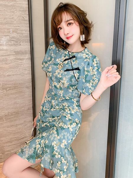 casual dresses retro fold draw string hubble-bubble sleeve printing summer dress, Black;gray