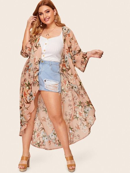 plus floral print chiffon kimono z3qu#, Black
