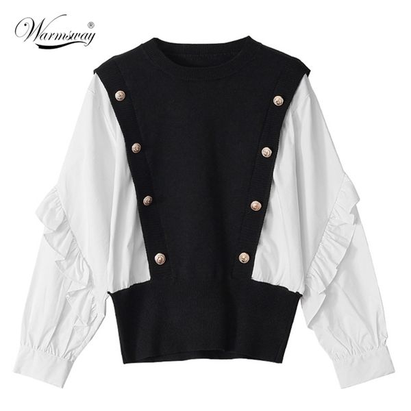 women fashion ruffle long sleeve shirt patchwork fake two pieces double breasted slim knitted c-142 210522, White;black
women fashion ruffle long sleeve shirt patchwork fake two pieces double breasted slim knitted c-142 210522, White;black
