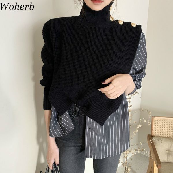 korean chic fake two pieces knitted turtleneck cape patchwork striped shirt women ladies casual all match knitwear 210417, White;black
korean chic fake two pieces knitted turtleneck cape patchwork striped shirt women ladies casual all match knitwear 210417, White;black