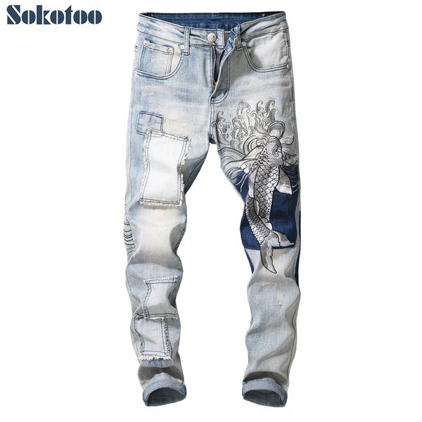 fashion jeans sokotoo men's vintage carp embroidery patchwork slim fit straight stretch denim pants, Blue
fashion jeans sokotoo men's vintage carp embroidery patchwork slim fit straight stretch denim pants, Blue