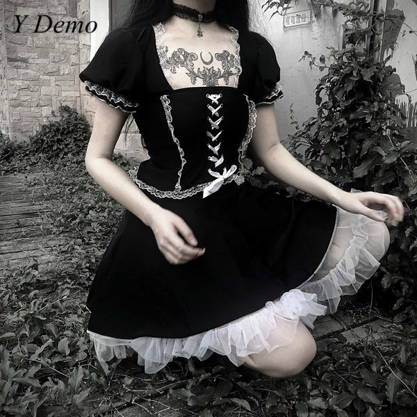 gothic women lace dress girl black waist seal high waist dresses, Black;gray