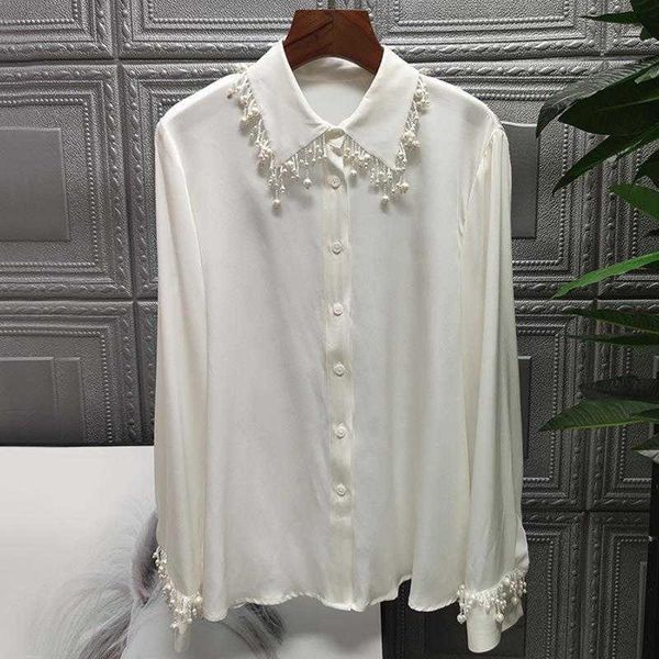 spring white shirt full fashion bead solid turn-down collar office lady womens 210615
spring white shirt full fashion bead solid turn-down collar office lady womens 210615