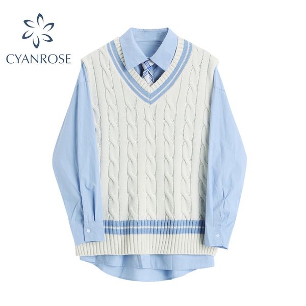 preppy style two piece blouse women cotton long sleeve shirts casual blue ladies + knitted sweater vest female autumn 210417, White
preppy style two piece blouse women cotton long sleeve shirts casual blue ladies + knitted sweater vest female autumn 210417, White