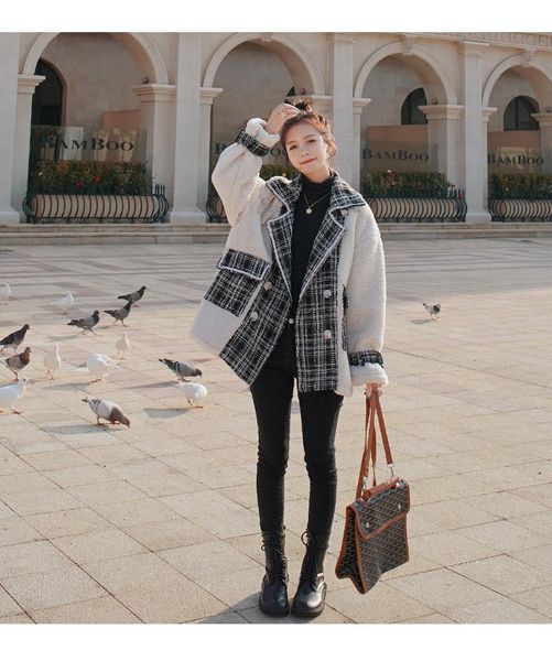 women's wool & blends winter design sense stylish retro tweed splicing lamb cotton clothing coat, Black
women's wool & blends winter design sense stylish retro tweed splicing lamb cotton clothing coat, Black