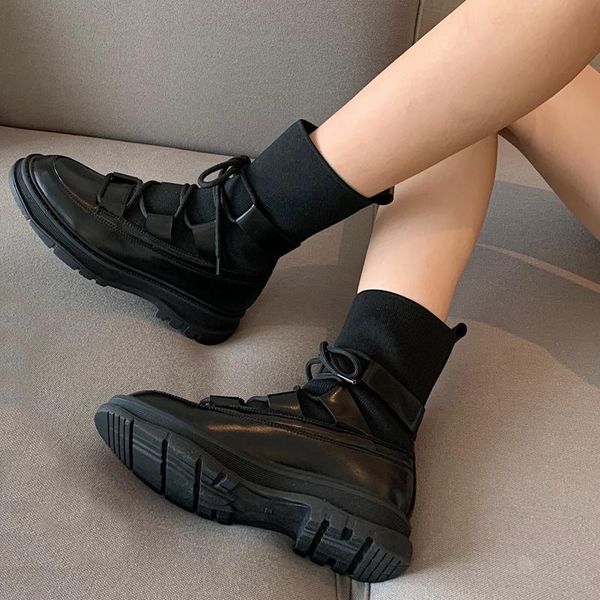 boots women's black platform shoes goth elastic knitting ankle punk lace up designer fall bottes femme