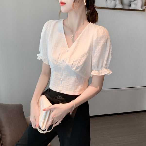 women's blouses & shirts short chiffon t-shirt 2021 summer v-neck design court style gathered waist bubble sleeve top, White
women's blouses & shirts short chiffon t-shirt 2021 summer v-neck design court style gathered waist bubble sleeve top, White