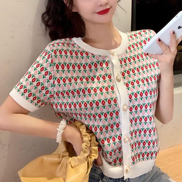 women's t-shirt 2021 women short sleeve sweet all-match thin lady summer fashion single breasted printed elastic knitted sweater, White 
women's t-shirt 2021 women short sleeve sweet all-match thin lady summer fashion single breasted printed elastic knitted sweater, White