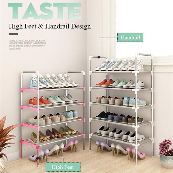 easy assemble shoe rack sneakers stand boots portable space-saving home dorm holder metal shelf with handrail hooks & rails 
easy assemble shoe rack sneakers stand boots portable space-saving home dorm holder metal shelf with handrail hooks & rails
