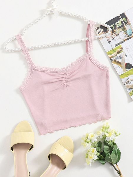 lace trim rib-knit cami u42e#, White