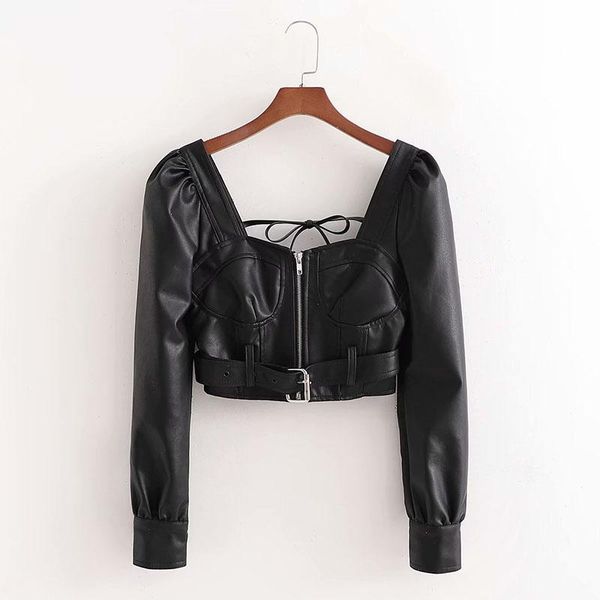 women's leather & faux 2021 winter all match high waist short square collar solild color fashion for female, Black
women's leather & faux 2021 winter all match high waist short square collar solild color fashion for female, Black