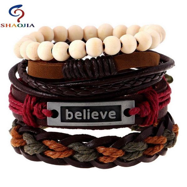 tennis believe leather bracelet 4 pcs/1 set men 2021jewelry wrap for mens cuff women jewelry fashion bohemian beads, Golden;silver