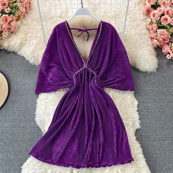casual dresses summer elegant purple dress women french style vintage robe loose v-neck waist bat sleeve pleated female vestidos, Black;gray
casual dresses summer elegant purple dress women french style vintage robe loose v-neck waist bat sleeve pleated female vestidos, Black;gray