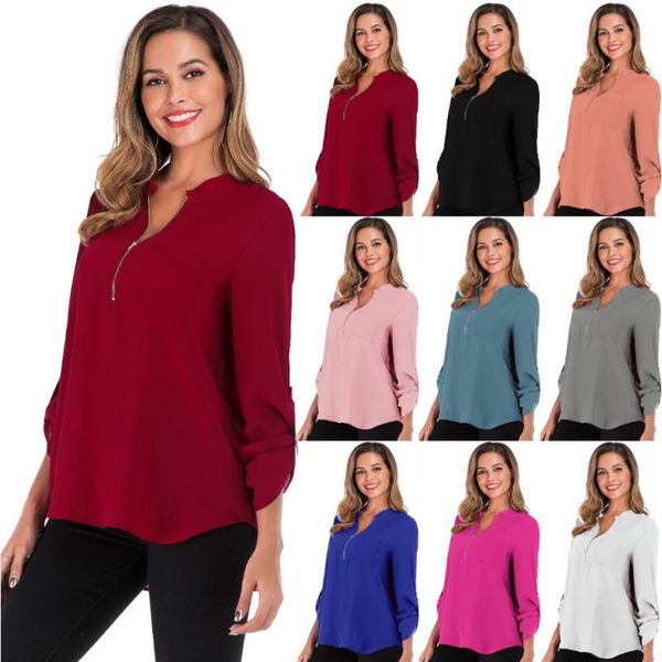 women's blouses & shirts v-neck zipper pocket sleeves loose chiffon shirt women, White
women's blouses & shirts v-neck zipper pocket sleeves loose chiffon shirt women, White