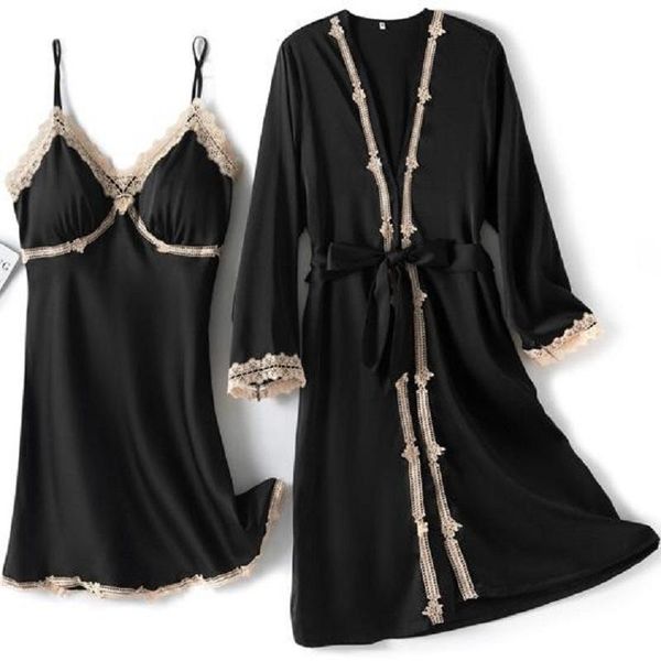 women's sleepwear black lace robe set women 2pcs summer satin kimono gown silky sleep casual nightgown v-neck home clothes, Black;red
women's sleepwear black lace robe set women 2pcs summer satin kimono gown silky sleep casual nightgown v-neck home clothes, Black;red