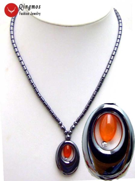pendant necklaces qingmos black hematite 18" chokers necklace for women with 20*30mm oval & orange opal pendants jewelry nec5616, Silver
