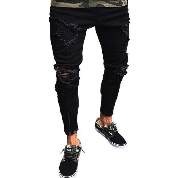 men's jeans cool designer brand ripped destroyed grind flanging black skinny stretch slim fit hop pants with holes for men, Blue
men's jeans cool designer brand ripped destroyed grind flanging black skinny stretch slim fit hop pants with holes for men, Blue