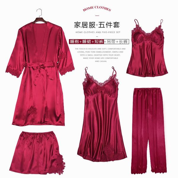 women's sleepwear women set robe and nightgown sets silk lounge pajamas night wear 5 piece sleep with chest pad, Black;red
women's sleepwear women set robe and nightgown sets silk lounge pajamas night wear 5 piece sleep with chest pad, Black;red
