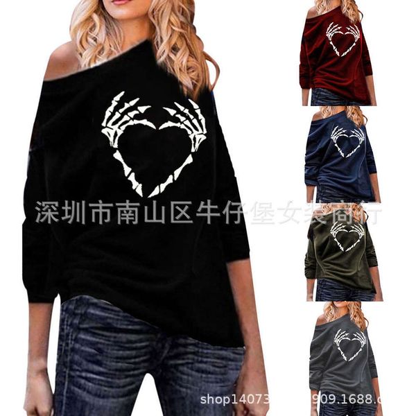 women's t-shirt skull head printed sweater with slant shoulder lmfj, White