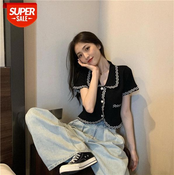 women's spring small fragrance style contrast short-sleeved shirt knitted cardigan short coat #gf36, Black
women's spring small fragrance style contrast short-sleeved shirt knitted cardigan short coat #gf36, Black