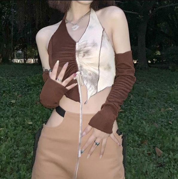 women's tanks & camis y2k vintage women fashion contrast color vest drawstring exposed navel halter separated sleeves, White
women's tanks & camis y2k vintage women fashion contrast color vest drawstring exposed navel halter separated sleeves, White