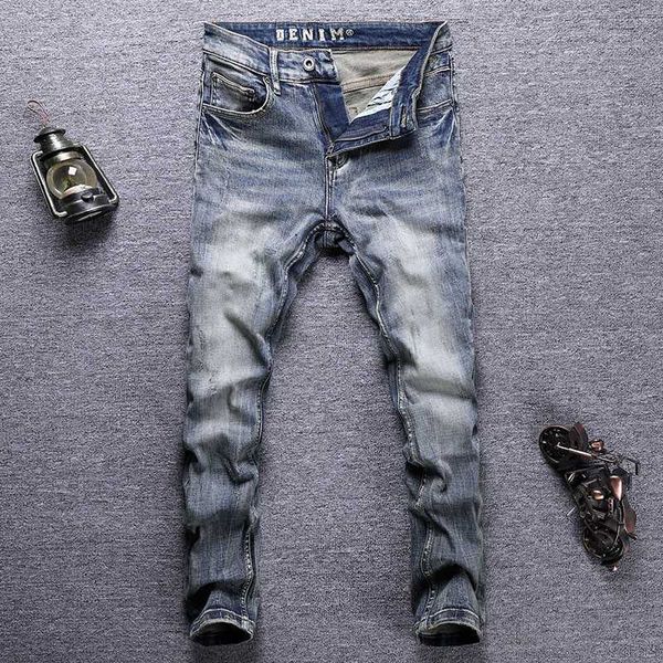 italian style fashion men jeans retro blue elastic slim fit ripped vintage designer casual denim pants o7wk 
italian style fashion men jeans retro blue elastic slim fit ripped vintage designer casual denim pants o7wk