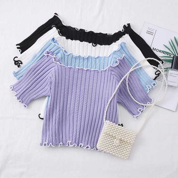 women's t-shirt fengzi women t-shirts off shoulder knitting crop short sleeve stretchy ruffles hem stripes for, White
women's t-shirt fengzi women t-shirts off shoulder knitting crop short sleeve stretchy ruffles hem stripes for, White