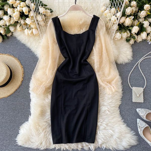 women french sweet dress autumn designer beading mesh puff sleeve a-line dress elegant fashion slim streetwear dress 210419, Black;gray
women french sweet dress autumn designer beading mesh puff sleeve a-line dress elegant fashion slim streetwear dress 210419, Black;gray