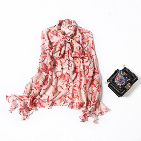 european and american women's clothing spring 2021 long sleeve bow collar with flared sleeves fashion printing silk shirt qao7, White 
european and american women's clothing spring 2021 long sleeve bow collar with flared sleeves fashion printing silk shirt qao7, White