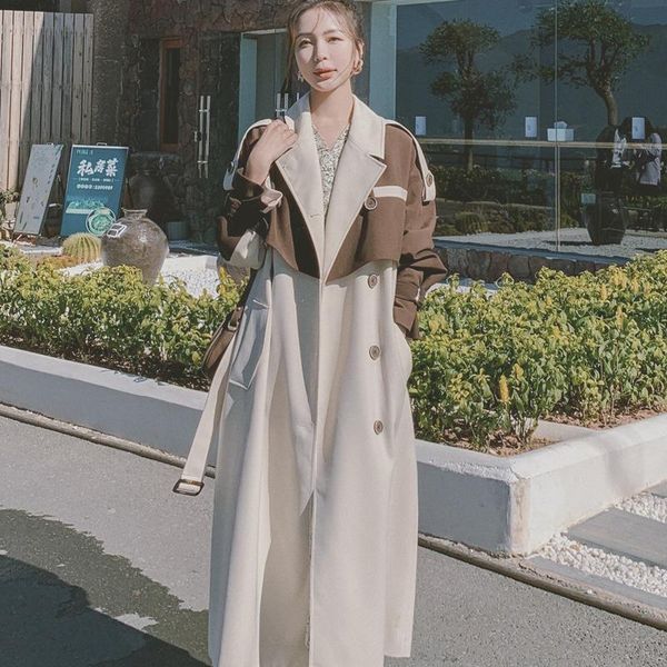 women's trench coats korean fashion windbreaker long british double breasted loose patchwork casual over knee coat for women spring 202, Tan;black
women's trench coats korean fashion windbreaker long british double breasted loose patchwork casual over knee coat for women spring 202, Tan;black