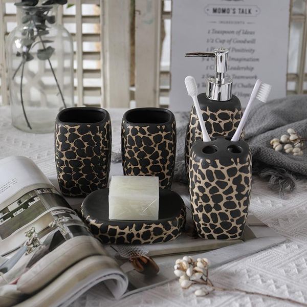 bath accessory set bathroom ceramic leopard pattern five-piece wash toothbrush cup soap dish lotion bottle dispenser
bath accessory set bathroom ceramic leopard pattern five-piece wash toothbrush cup soap dish lotion bottle dispenser