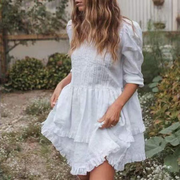 casual dresses spring o-neck solid women defined waist ruffled asymmetric mini dress t1s1, Black;gray