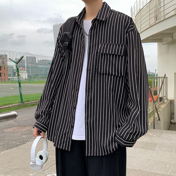 men's casual shirts 2021 summer and autumn striped long-sleeved shirt three-dimensional pocket tooling plus size four seasons, White;black
men's casual shirts 2021 summer and autumn striped long-sleeved shirt three-dimensional pocket tooling plus size four seasons, White;black