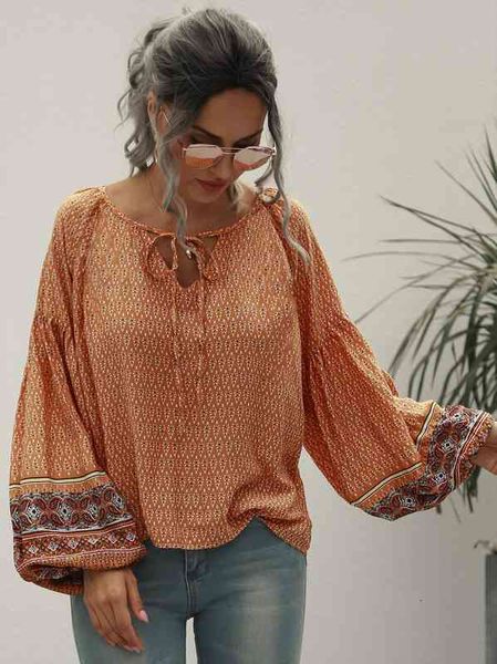 retro long sleeve women shirt bohemian printed lace up lantern fall loose casual shirts, White
retro long sleeve women shirt bohemian printed lace up lantern fall loose casual shirts, White