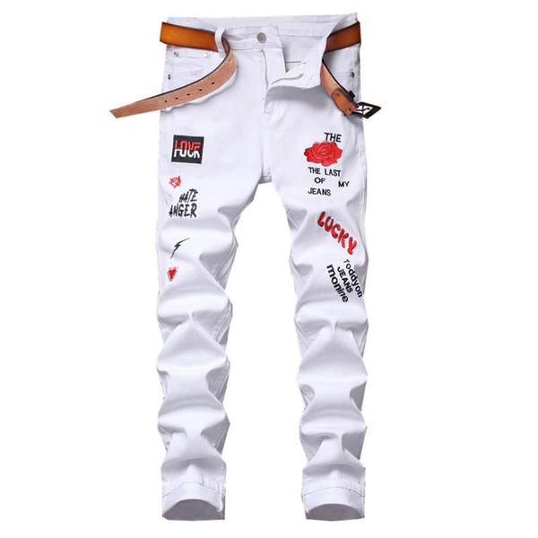 men's jeans rose letters embroidery white denim trendy streetwear slim stretch pants trousers, Blue
men's jeans rose letters embroidery white denim trendy streetwear slim stretch pants trousers, Blue