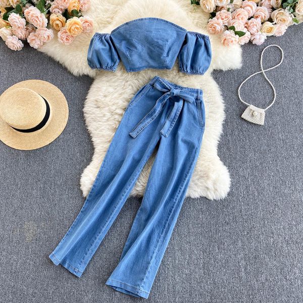 women's two piece pants - women's strapless short sleeve denim pullover, high waist 2-piece set. axrc, White
women's two piece pants - women's strapless short sleeve denim pullover, high waist 2-piece set. axrc, White