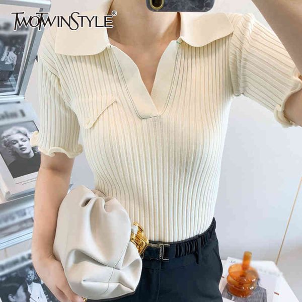 twowinsyle elegant white knitted shirt for women v neck short sleeve korean slim shirts female summer fashion clothes 210524
twowinsyle elegant white knitted shirt for women v neck short sleeve korean slim shirts female summer fashion clothes 210524