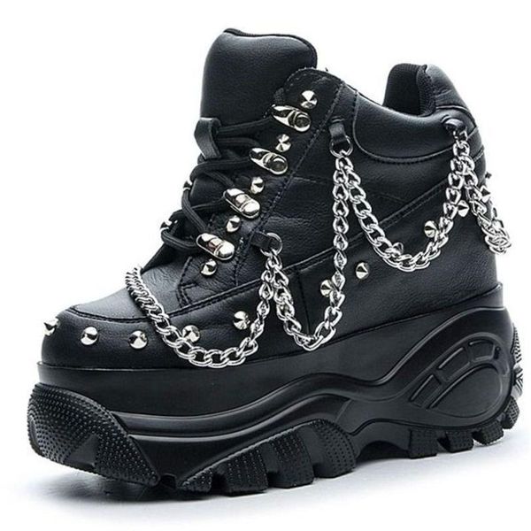 ankle boots women's spike studded genuine leather fashion sneakers platform wedge high heels punk party oxfords buckle chain, Black
ankle boots women's spike studded genuine leather fashion sneakers platform wedge high heels punk party oxfords buckle chain, Black