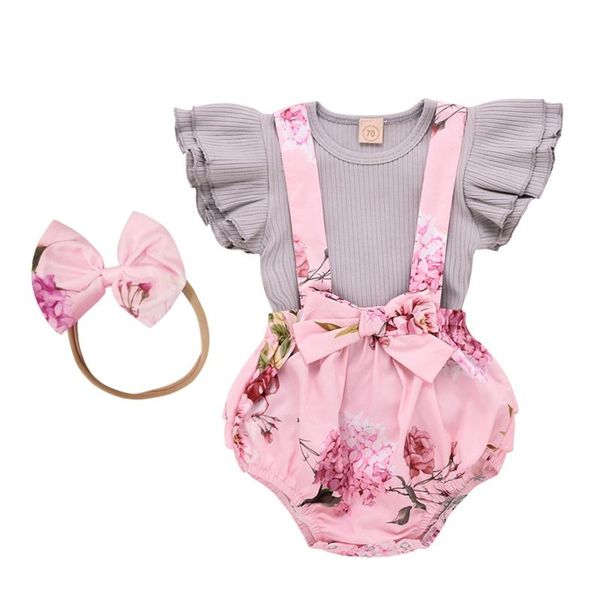 born infant baby girls solid ribbed +floral ruffled bow suspender shorts clothes baby's sets clothing, White 
born infant baby girls solid ribbed +floral ruffled bow suspender shorts clothes baby's sets clothing, White