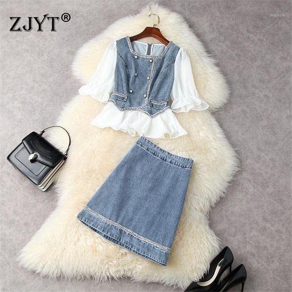 women fashion summer runway 2 piece set designers flare sleeve ruffles denim and aline skirt suit elegant lady office outfit women's tr, Gray
women fashion summer runway 2 piece set designers flare sleeve ruffles denim and aline skirt suit elegant lady office outfit women's tr, Gray