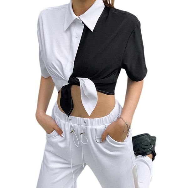 women's blouses & shirts fashion women crop short sleeve patchwork bandage buttons streewear, White
women's blouses & shirts fashion women crop short sleeve patchwork bandage buttons streewear, White