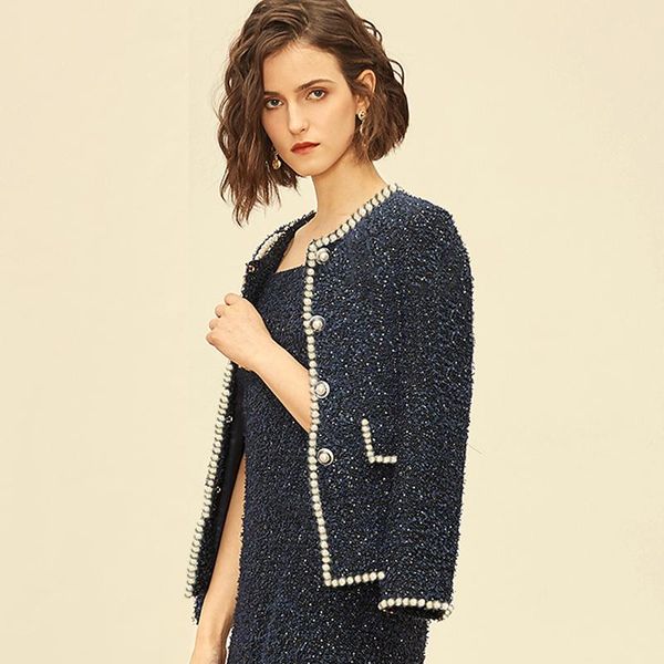 navy blue tweed jacket beaded 2021 spring / autumn women's outside the body slim winter lady's coat jackets, Black;brown
navy blue tweed jacket beaded 2021 spring / autumn women's outside the body slim winter lady's coat jackets, Black;brown