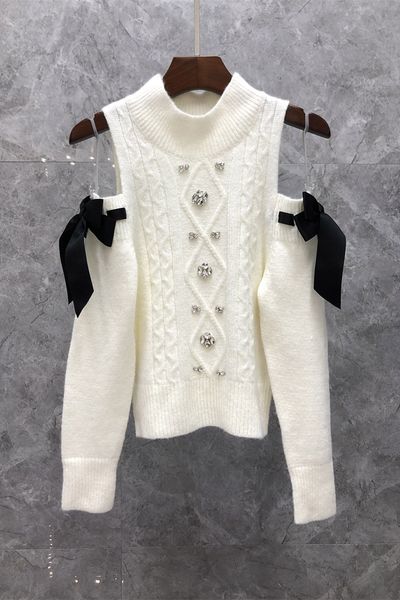 high neck off shoulder diamond slim sweater women's autumn european new full match elegant, White
high neck off shoulder diamond slim sweater women's autumn european new full match elegant, White
