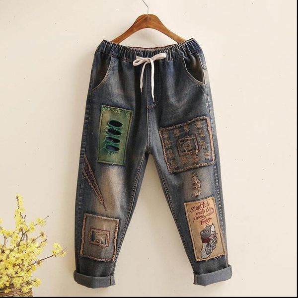 womens jean art style patchwork embroidery loose vintage women jeans hole design elastic waist all cotton denim ladies harem pants, Blue
womens jean art style patchwork embroidery loose vintage women jeans hole design elastic waist all cotton denim ladies harem pants, Blue