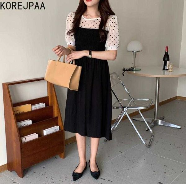 korejpaa women dress summer korean chic french sweet round neck wavelet dot stitching waist puff sleeve mid-length vestidos 210526, Black;gray
korejpaa women dress summer korean chic french sweet round neck wavelet dot stitching waist puff sleeve mid-length vestidos 210526, Black;gray