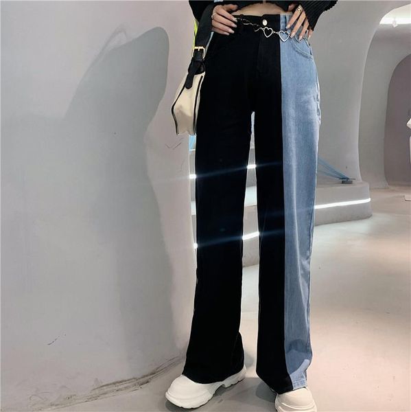 contrasting color stitching jeans women's loose casual trousers high waist wide legs straight pants, Blue
contrasting color stitching jeans women's loose casual trousers high waist wide legs straight pants, Blue