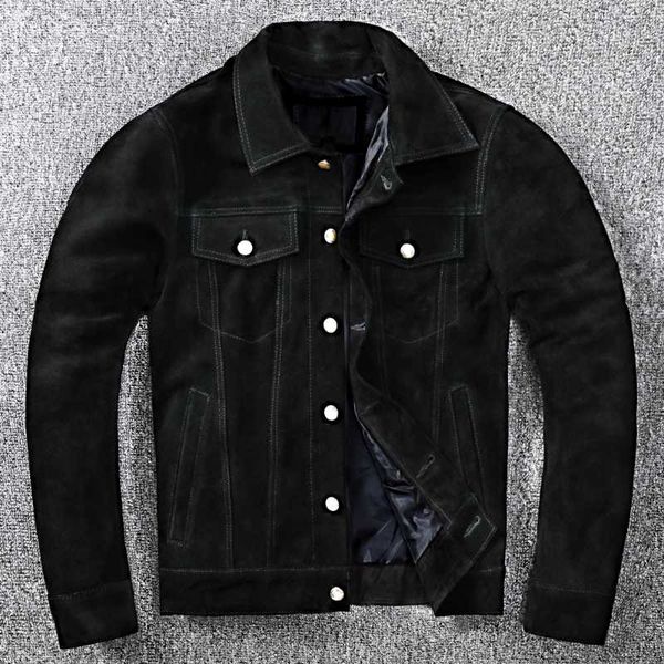 men's leather & faux cowhide two-layer suede genuine jacket denim motorcycle slim-fit, Black
men's leather & faux cowhide two-layer suede genuine jacket denim motorcycle slim-fit, Black
