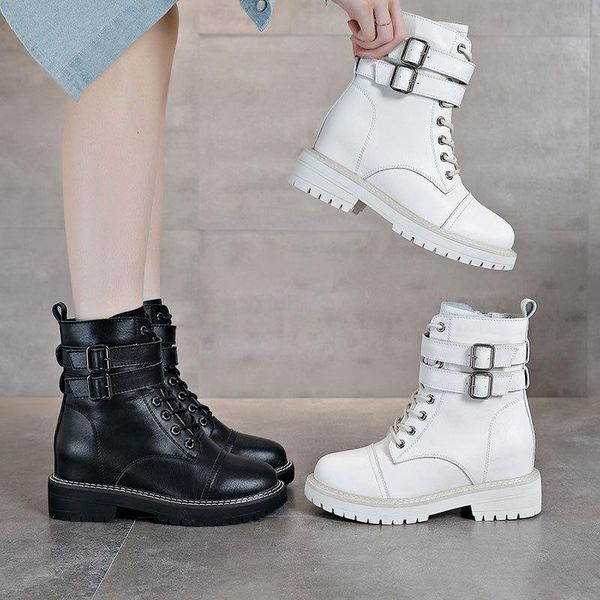 boots fall/winter women's leather buckle british style thick bottom height increasing casual mid short, Black
boots fall/winter women's leather buckle british style thick bottom height increasing casual mid short, Black
