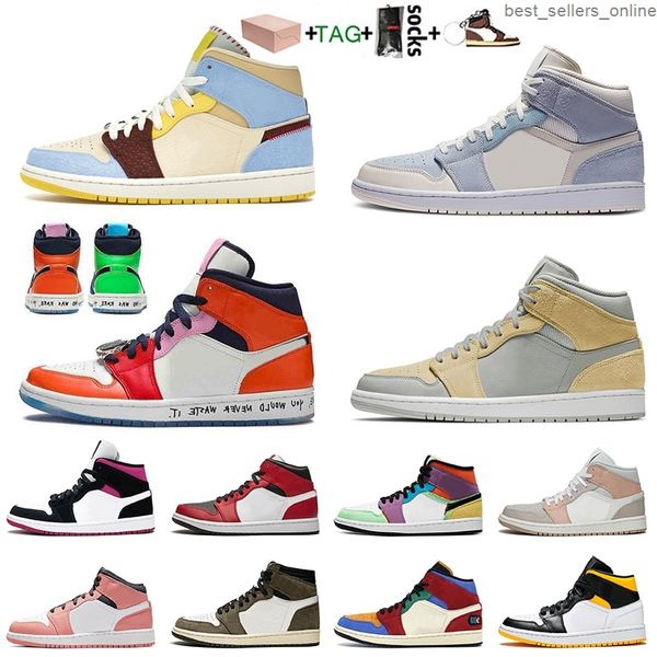 2021 fashion with box mid jumpmna 1 1s basketball shoes for women mens mixed textures chicago trainers sneakers size 13, Black